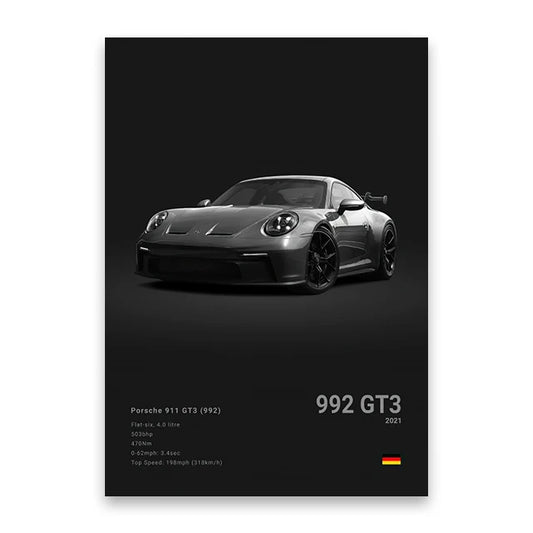 Porsche 911 GT3 (992) Black Car Poster